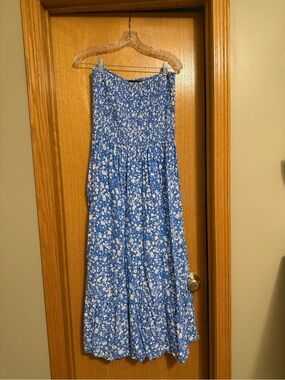 Blue Floral Smocked Midi Strapless Dress